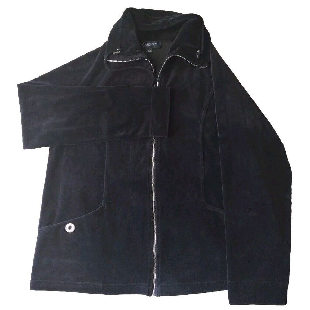 JONES NEW YORK SPORT Jacket Women XL‎ Black Velvet Full Zip Sweatshirt Hooded
